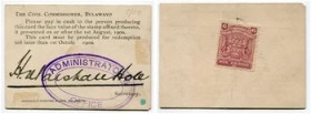 Südafrika Burenkrieg / Boer war
Marshall Hole 6 Pence 1900, 1. August. Adhesive stamp / Währungskarte mit Briefmarke der British South Africa Company...