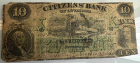 United States of America / USA Louisiana
Citizens' Bank of Louisiana 10 Dollars 1859. Serie No. B 2413. DIX (US-Südstaaten). Haxb.LA15.C22a. Selten /...