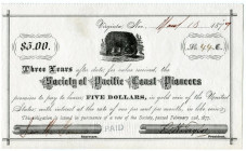 United States of America / USA Nevada
Virginia City 5 Dollars 1877. certificate from the `Society of Pacific Coast Pioneers`. With stamp `PAID`/ Mit ...