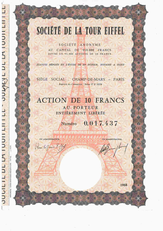 FRANKREICH / FRANCE
Société de la Tour Eiffel Aktie F10, 1872 Nr. 0.017.437. mi...