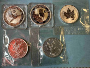 Diverse Länder
 Silberunzen / Silver ounces 1965, Argor. 2 x 1 oz Perth Mint's kookaburra coins in capsules. 3 x 1 oz Maple Leaf coins in Blister. Al...