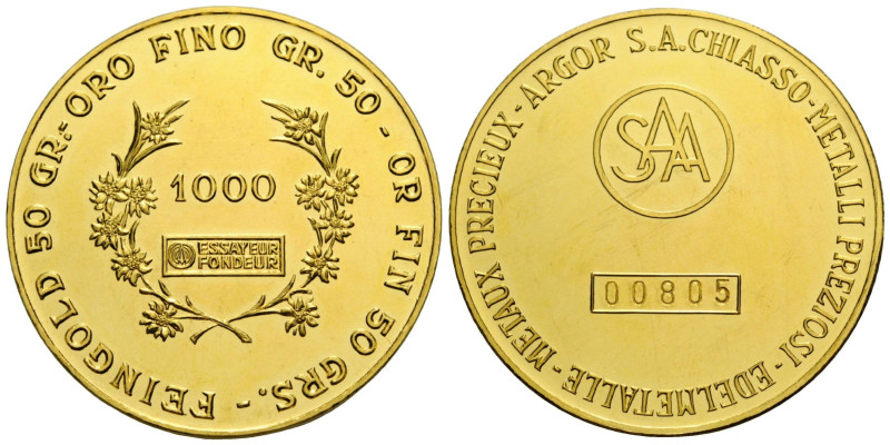 Schweiz / Switzerland
 50 Gramm 1959. 39.0 mm. Feinheit 1000. Einer der ersten ...