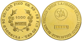 Schweiz / Switzerland
 50 Gramm 1959. 39.0 mm. Feinheit 1000. Einer der ersten Argor Barren / One of the first Argor bars. FEINGOLD 50 GR.- ORO FINO ...