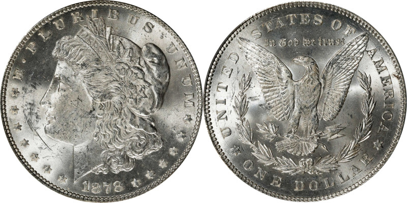 1878 Morgan Silver Dollar. 7 Tailfeathers. Reverse of 1878. MS-63 (PCGS).

PCG...