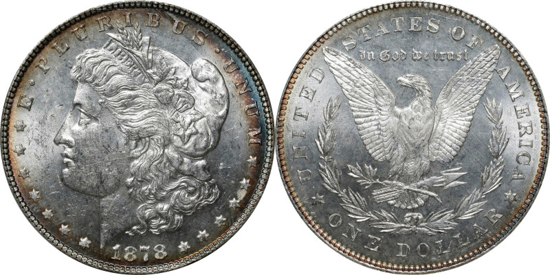 1878 Morgan Silver Dollar. 7 Tailfeathers. Reverse of 1878. MS-62 (PCGS).

PCG...