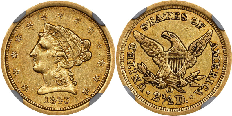 1843-O Liberty Head Quarter Eagle. Small Date. Crosslet 4. Winter-2. AU-53 (NGC)...