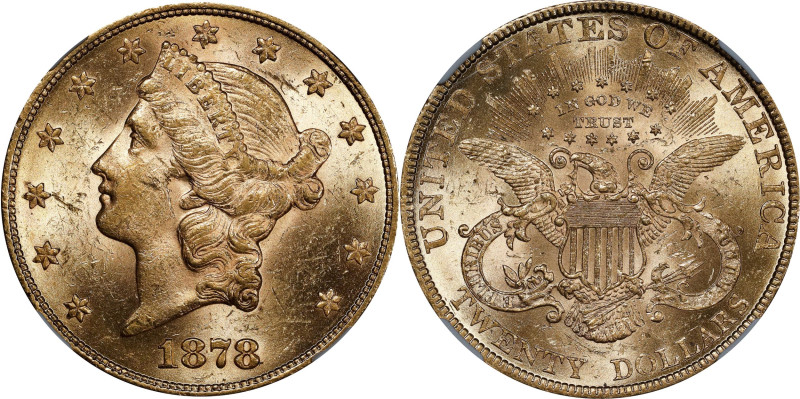 1878 Liberty Head Double Eagle. MS-61 (NGC).

PCGS# 8985. NGC ID: 26B3.