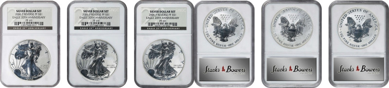 Lot of (3) 2006-P Silver Eagles. 20th Anniversary Silver Dollar Set. Reverse Pro...