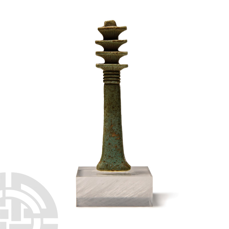 Large Egyptian Faience Djed Pillar Amulet
Late Period, 664-332 B.C. Olive-green...