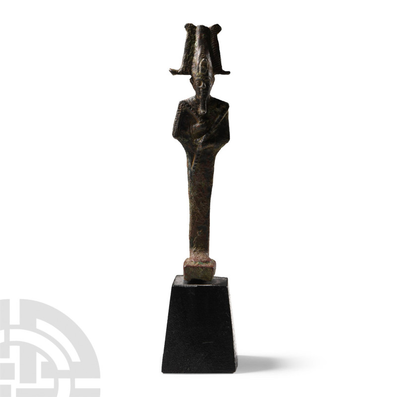 Egyptian Bronze Figure of Osiris Wearing Plumed Atef Crown
Late Period, 664-332...