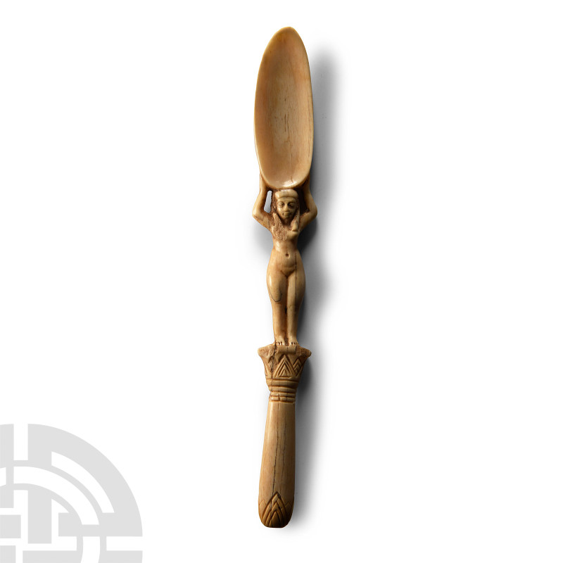 Egyptian Bone Cosmetic Spoon
Late New Kingdom, 1550-664 B.C. The naked female f...