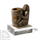 Egyptian Glazed Steatite Seated Monkey Holding a Kohl Pot