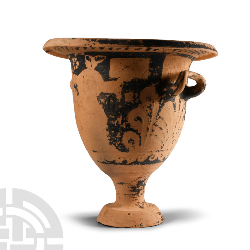Greek Chevron Group Apulian Bell Krater
Circa 330 B.C. With bell-shaped body an...