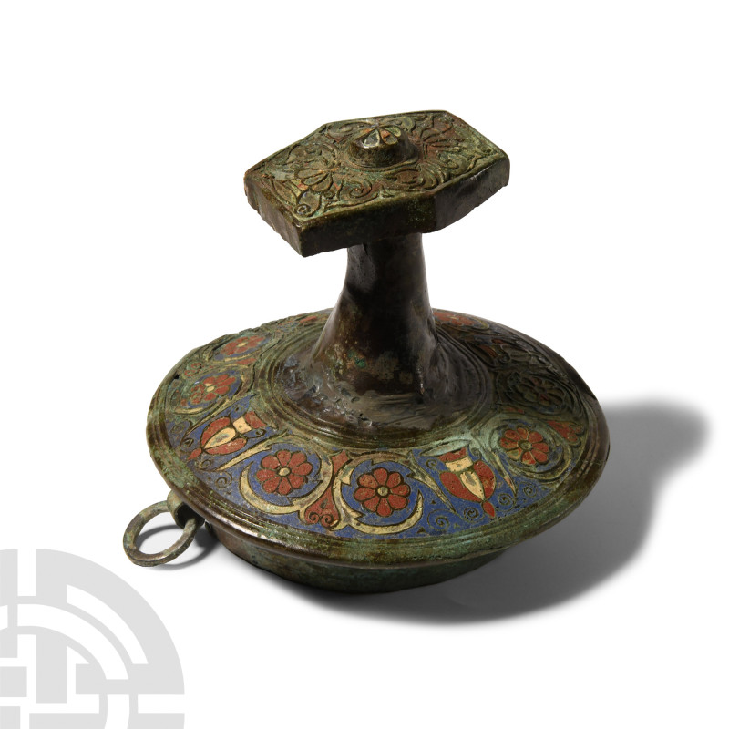 Roman Enamelled Bronze Vessel Lid
2nd-4th century A.D. With carinated body and ...