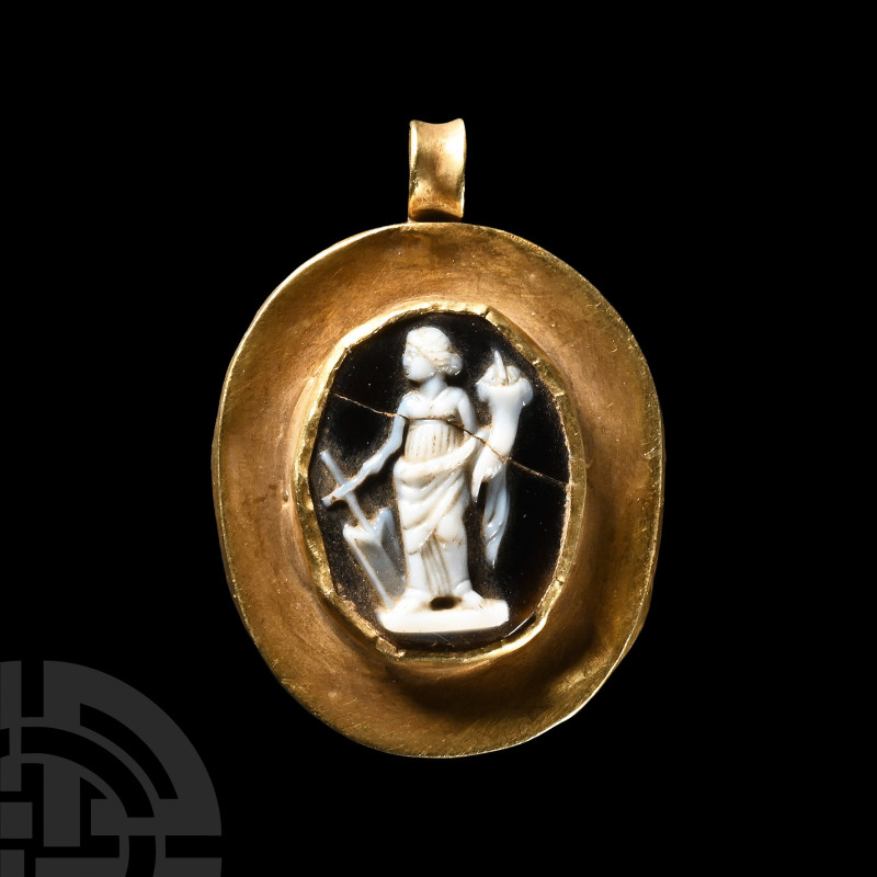 Roman Gold Pendant with Fortuna Cameo
1st-3rd century A.D. Hollow-formed plaque...