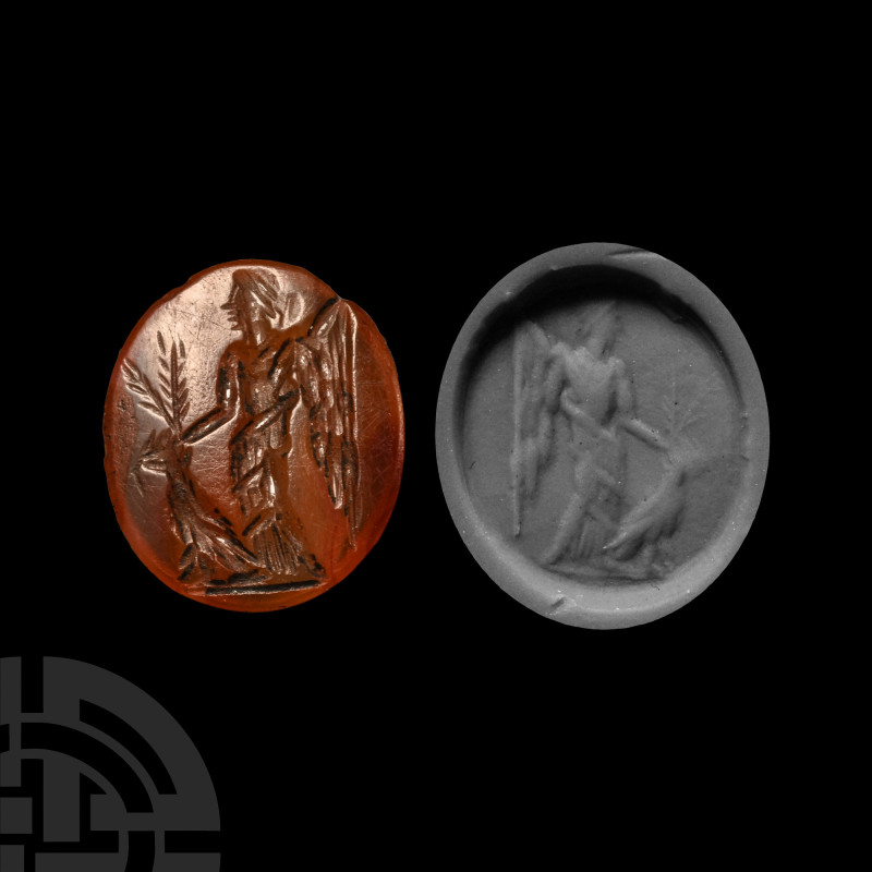 Roman Carnelian Victory Gemstone
Circa 2nd-3rd century A.D. With intaglio image...