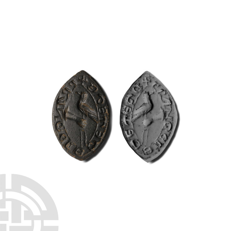 Medieval Bronze Vesica-Shaped Seal Matrix with Falcon
Circa 14th-15th century A...