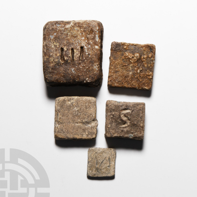 Roman Lead Weight Group
1st-4th century A.D. Group of five lead-alloy square we...