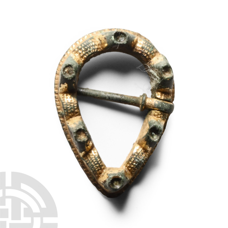 Medieval Gilt Bronze Teardrop Ring Brooch with Turrets
Circa 14th-15th century ...