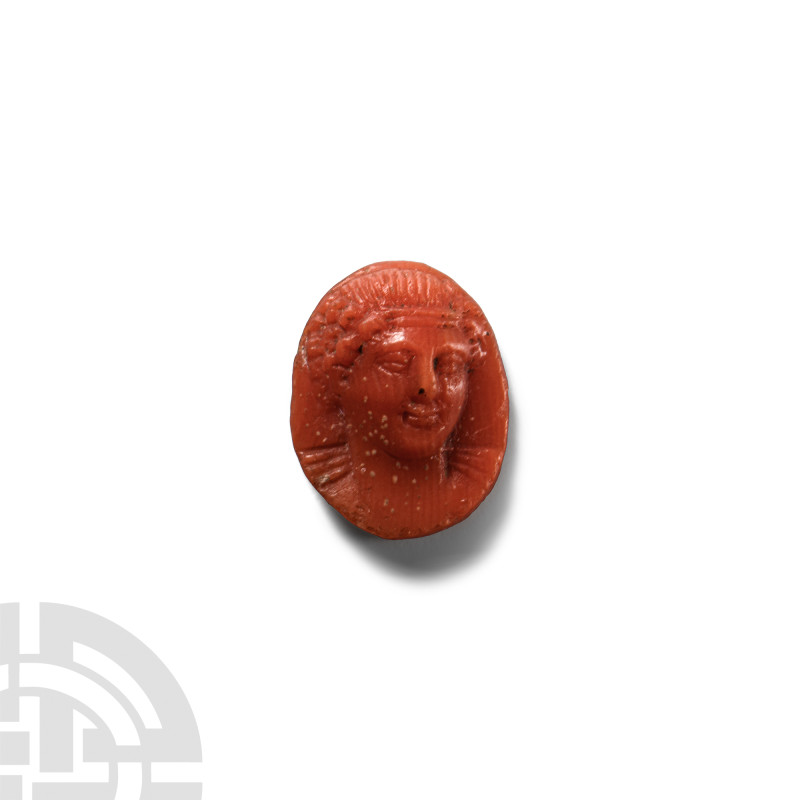 Roman Style Coral Gem with Facing Bust
19th-20th century A.D. Oval-shaped with ...