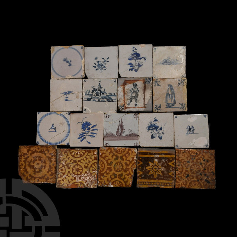 Post Medieval and Medieval Glazed Ceramic Tile Group
Circa 17th-18th century A....