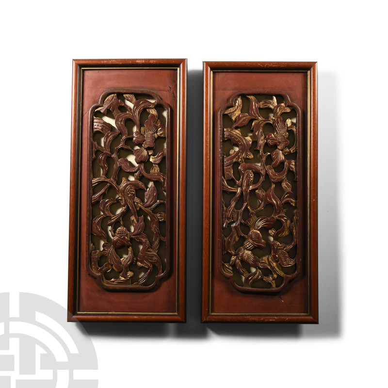 Chinese Gilt Wooden Carved Floral Panel Pair
20th century A.D. Matched pair of ...