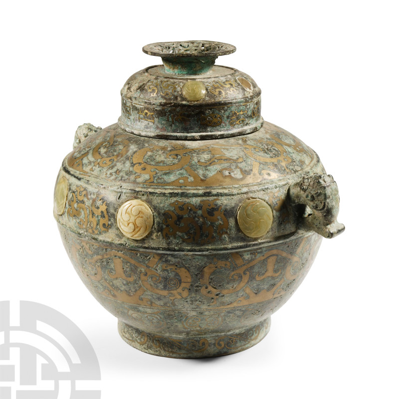Chinese Inlaid Bronze Vessel
20th century A.D. or earlier. Of lei form with nar...