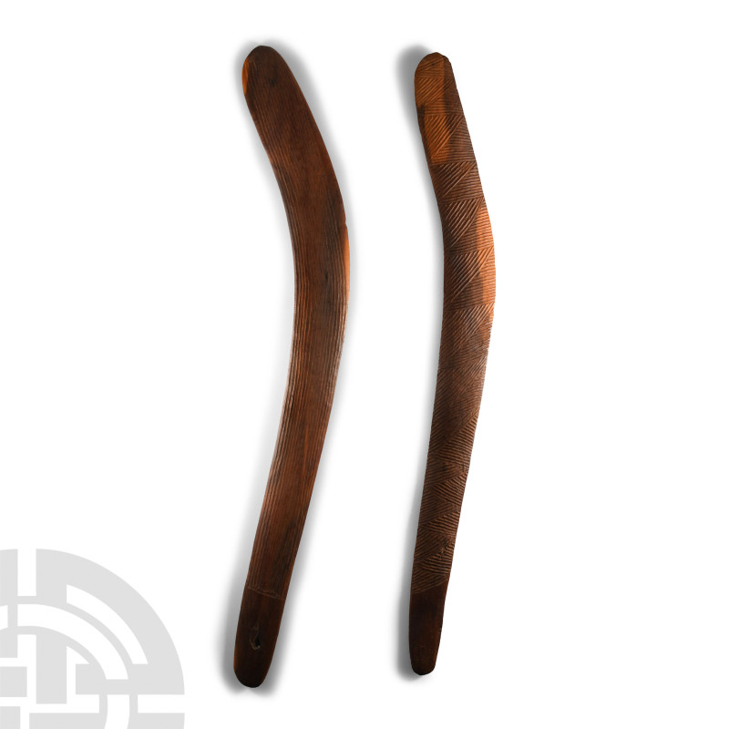 Aboriginal Boomerang Pair
Circa 19th century A.D. Two wooden boomerangs, asymme...