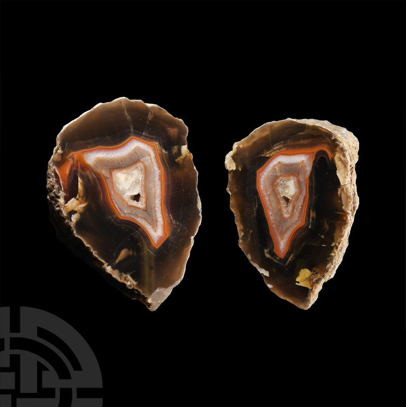 Natural History - Large Size Cut and Polished Malawi Agate Crystal Geode Pair
C...