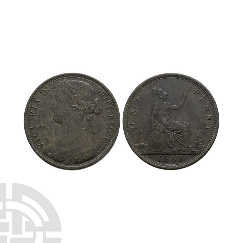 English Milled Coins - Victoria - 1868 - Bun Head AE Penny
Dated 1868 A.D. Bun ...