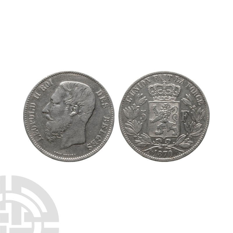 World Coins - Belgium - Leopold II - 1870 - AR 5 Francs
Dated 1870 A.D. Obv: pr...