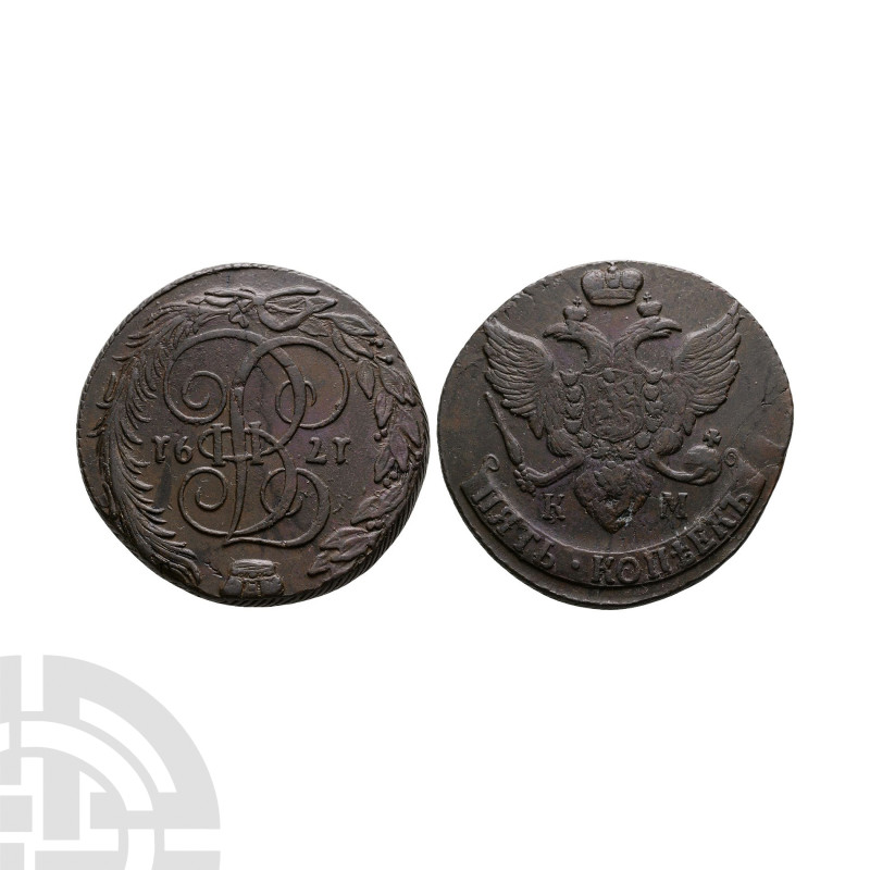 World Coins - Russia - Catherine II - 1791 - 5 Kopeks
Dated 1791 A.D. Obv: crow...