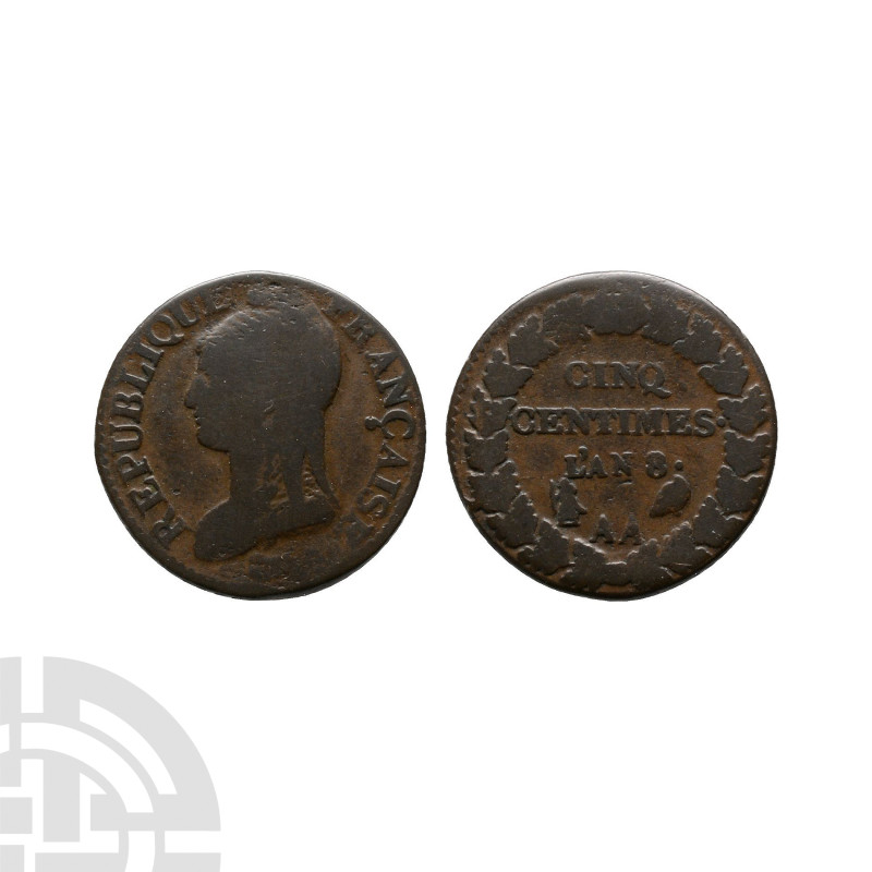 World Coins - France - Year 8 - AE 5 Centimes
1799-1800 A.D. Obv: bust facing l...