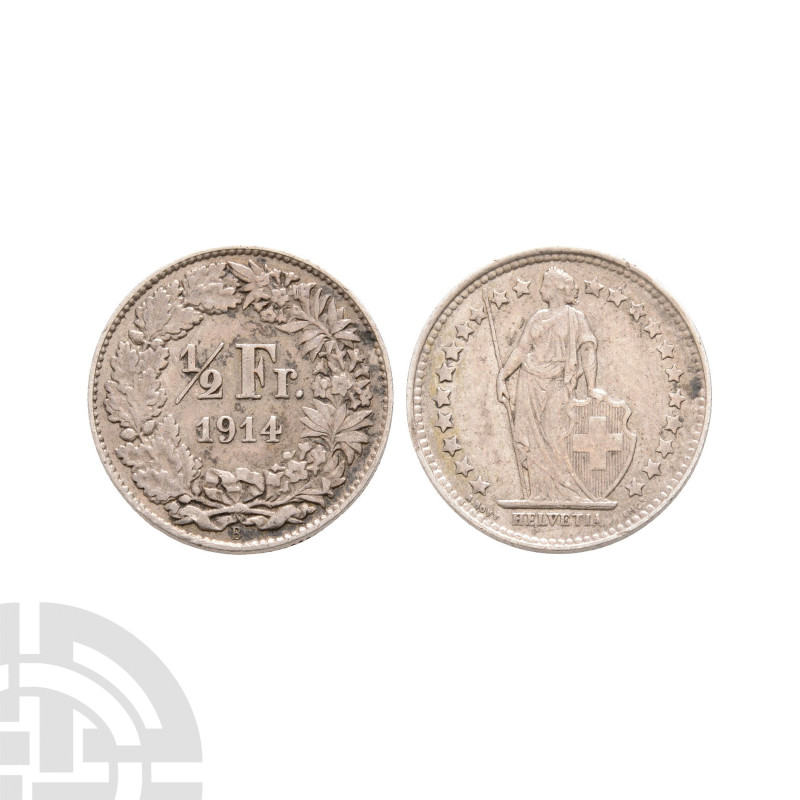 World Coins - Switzerland - 1914 - AR Half Franc
Dated 1914 A.D. Bern mint. Obv...