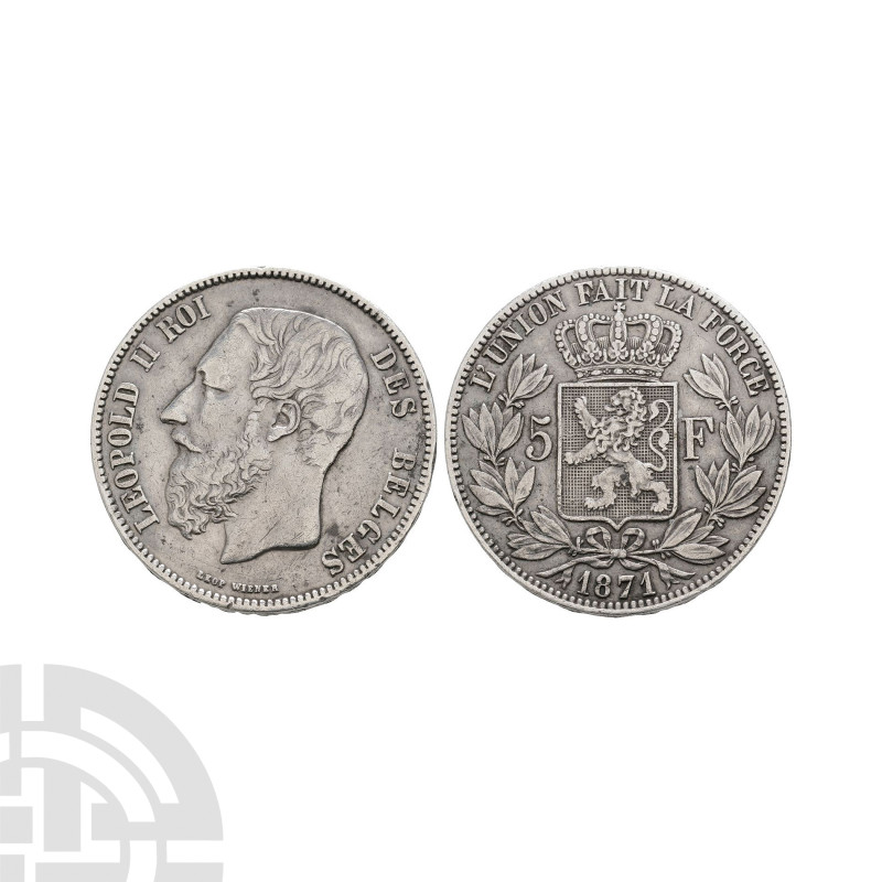 World Coins - Belgium - Leopold II - 1871 - AR 5 Francs
Dated 1871 A.D. Obv: he...