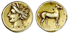 Altgriechische Goldmünzen

Zeugitana

Karthago

Stater ELEKTRON um 320/310 v.Chr. Tanitkopf l./Pferd r. 7,42 g. gutes sehr schön. CNP 2.10.