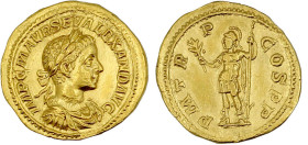 Römische Goldmünzen

Kaiserzeit

Severus Alexander 222-235

Aureus 222. Drap., belorb. Brb. r./PM TRP COS PP. Mars steht l. 6,77 g. vorzüglich/s...