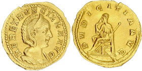 Römische Goldmünzen

Kaiserzeit

Herennia Etruscilla, Gattin des Trajan Decius, 249-251

Aureus 250/251. Drapierte Büste r./PVDICITIA AVG. Pudic...