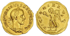 Römische Goldmünzen

Kaiserzeit

Trajan Decius 249-251

Aureus 249. Belorb., drap. Büste r./VICTORIA AVG. Victoria steht l. 4,48 g. fast vorzügl...