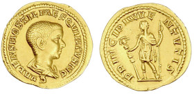 Römische Goldmünzen

Kaiserzeit

Hostilian, Caesar 250-251

Aureus 251. Drap. Brb. r./PRINCIPI IVVENTVTIS. Hostilian steht l., hält Standarte un...