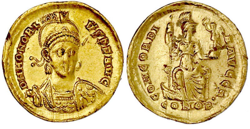 Römische Goldmünzen

Kaiserzeit

Honorius, 393-423

Solidus 393/423, Const...