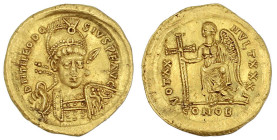 Römische Goldmünzen

Kaiserzeit

Theodosius II., 408-450

Solidus 420/422, Constantinopel, 3. Offizin. Gepanzerte Büste v.v./VOT XXX MVLT XXXX Γ...