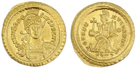 Römische Goldmünzen

Kaiserzeit

Theodosius II., 408-450

Solidus 430/440, Constantinopel, 8. Offizin. Gepanzerte Büste v.v./VOT XXX MVLT XXXX H...