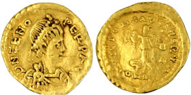 Römische Goldmünzen

Kaiserzeit

Zeno, 474-491

Tremissis 474/491, Constantinopel. Brb. r./VICTORIA AVGSTORVM CONOB (sic !). Victoria steht v.v....