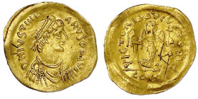 Byzantinische Goldmünzen

Kaiserreich

Justinian I., 527-565

Tremissis 527/565, Constantinopel. Herrscherbüste mit Diadem n.r./Victoria mit Kra...