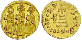 Byzantinische Goldmünzen

Kaiserreich

Heraclius, 610-641

Solidus 639/641, Constantinopel, 7. Offizin, 1. Indiktion. Heraclius, Heraclius Const...