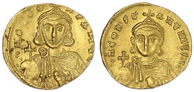 Byzantinische Goldmünzen

Kaiserreich

Leo III. und Constantin V. 720-741

Solidus 720/741. Brb. Leo/Brb. Constantin. 4,46 g. vorzüglich/Stempel...