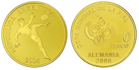 Ausländische Goldmünzen und -medaillen

Argentinien

Republik, seit 1881

10 Pesos 2004 auf die Fussball-WM in Deutschland. 6,75 g. 999/1000. Mi...