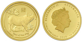 Ausländische Goldmünzen und -medaillen

Australien

Elisabeth II., 1952-2022

15 Dollars Lunar Jahr des Schweins 2019. 1/10 Unze Feingold. Im or...