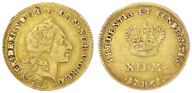 Ausländische Goldmünzen und -medaillen

Dänemark

Frederik V. 1746-1766

Kurant-Dukat (12 Mark) 1761, Kopenhagen. 3,09 g. sehr schön. Hede 22. F...